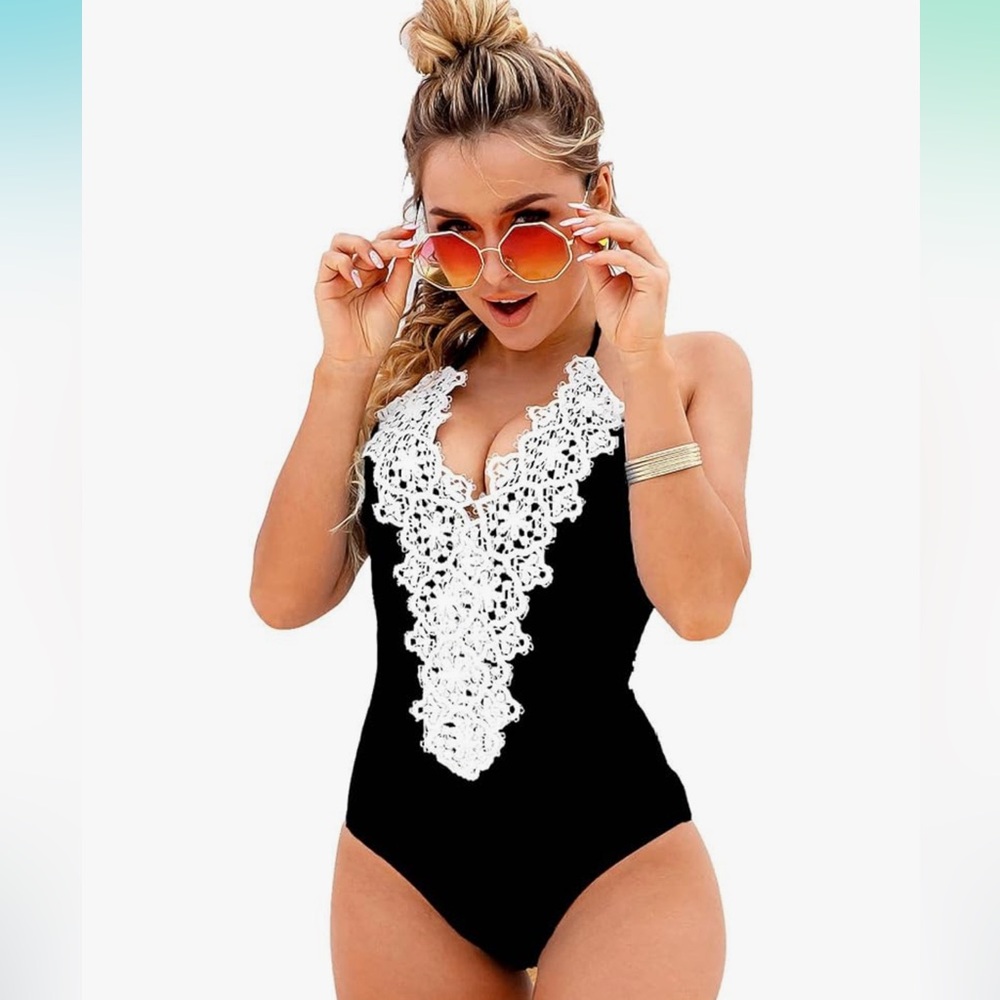 Timeless Black and White One-Piece Swimsuit with Victorian Lace & Tummy Control